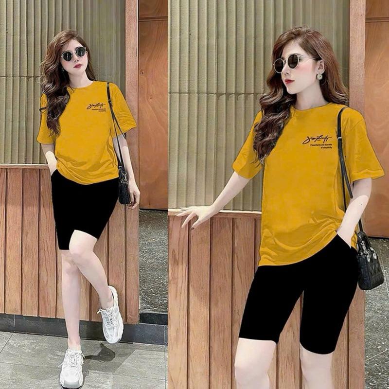 Sét bộ đồ nữ áo cotton khô in chữ ký mix quần lửng thun thái form 40-60kg 1