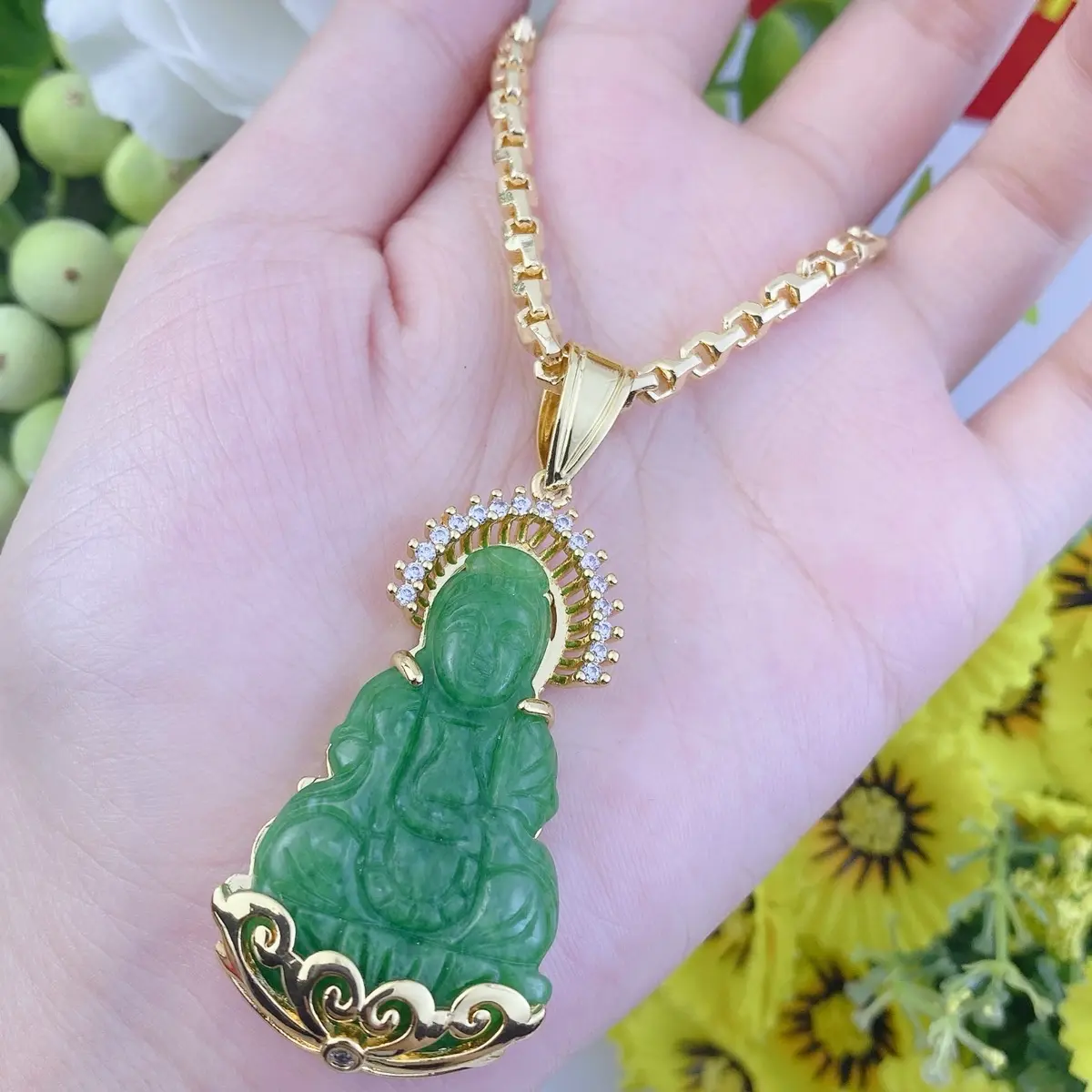 Bộ dây chuyền nam nữ mặt quan âm đá cẩm thạch - Trang sức bảo long