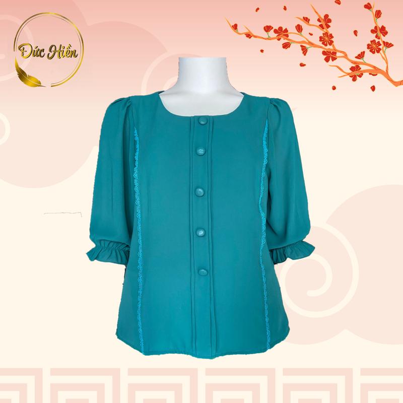 ÁO NỮ TRUNG NIÊN LỤA TẦM Ý ĐÍNH NÚT SANG TRỌNG Top Sơ Mi Women Kem Đen Cotton Cổ tròn Thông thường 3