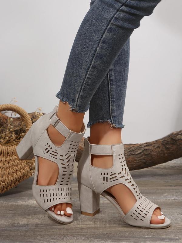 Women's Summer 2024 Fashionable Solid Color Hollowed-out Zipper High Heel Sandals, Peep Toe Sandals Chunky Heel, Ankle Strap Pumps Shoes for Party 6