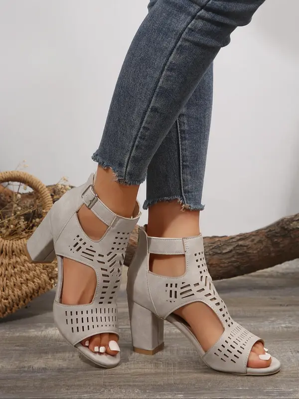 Women's Summer 2024 Fashionable Solid Color Hollowed-out Zipper High Heel Sandals, Peep Toe Sandals Chunky Heel, Ankle Strap Pumps Shoes for Party 5