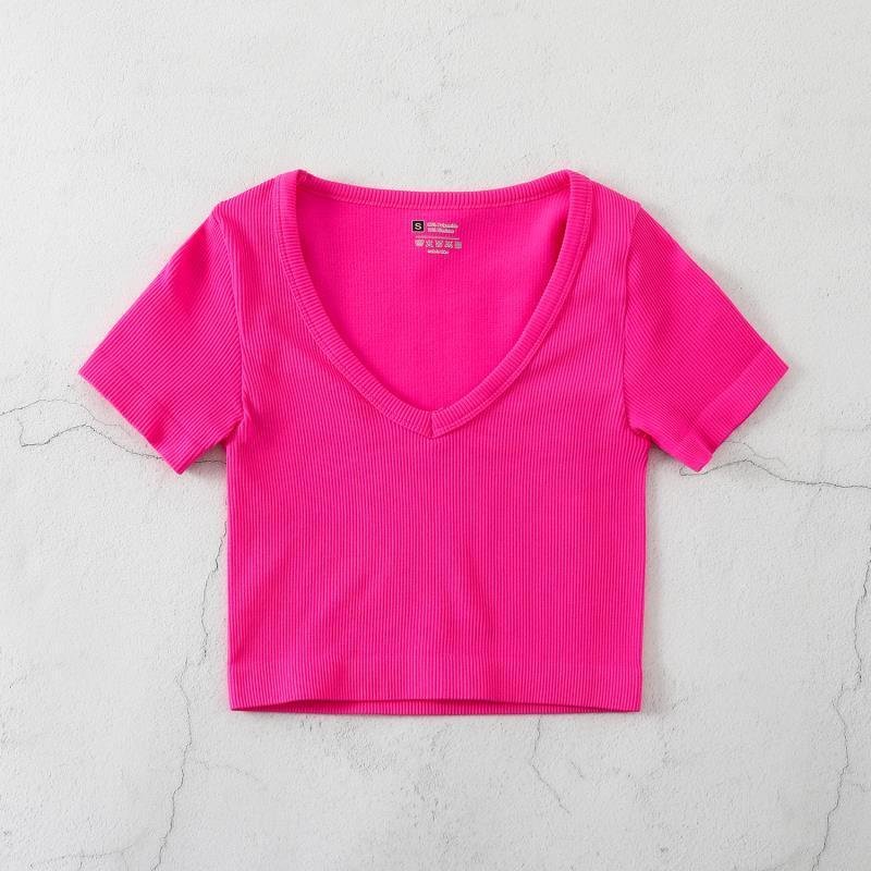 Product Introduction of European and American Yoga Wear Sexy Stretch Yoga Seamless Sports Top Short Sleeve V-Neck Slim Fit Solid Color Ribbed T-Shirt 30
