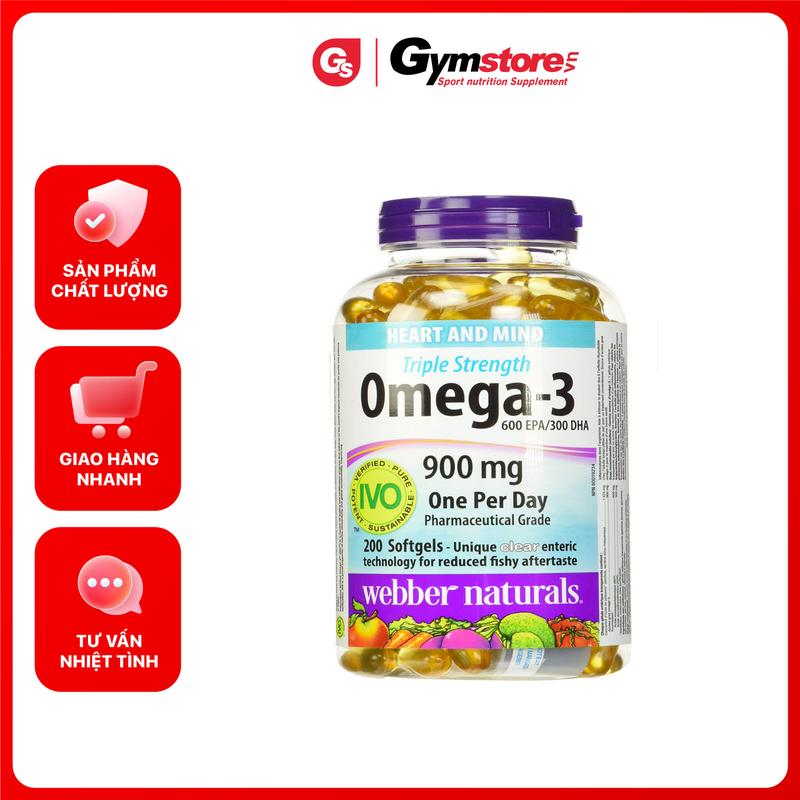 Viên dầu cá Webber Naturals Omega-3 Triple Strength 900mg, 200 softgels | Made in Canada