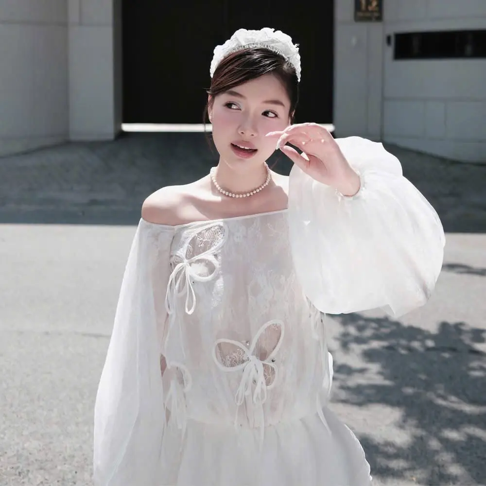 [ Loại 1] Áo trễ vai tay bồng kèm lót quần Dress Women Nữ Ren Kem Top Bo Chun