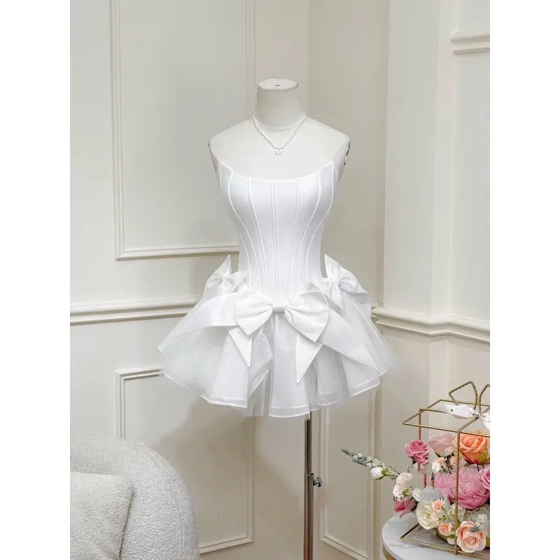 Đầm Cúp Ngực Nơ Corset Phối Váy Lưới Dự Tiệc 2
