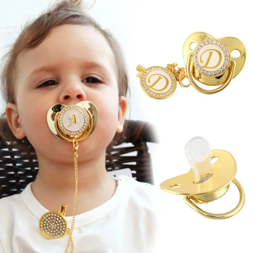 Gold Zircon Newborn Pacifier with Lid Name Initials Personalized Pacifiers for Babies Silicone Infant Dummy New Baby Shower Gift