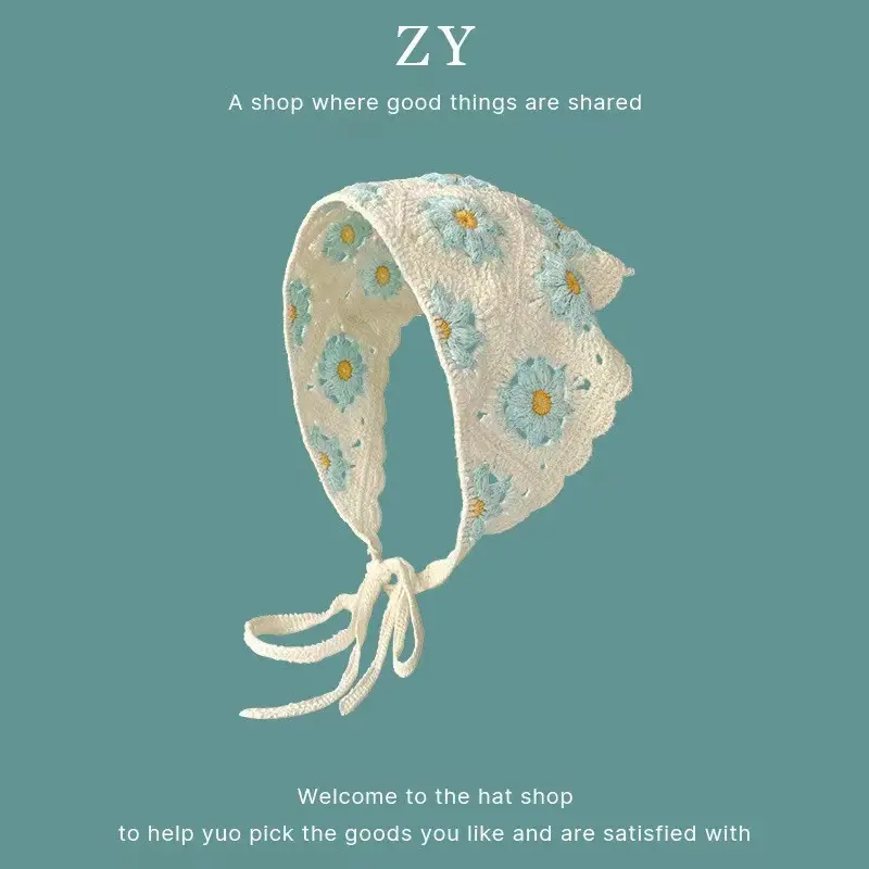 Hot Girl Internet Famous Photo Taking Flower French Style Triangular Binder Headscarf Female Cute Knitting Hair Band Silk Scarf Headdress 0