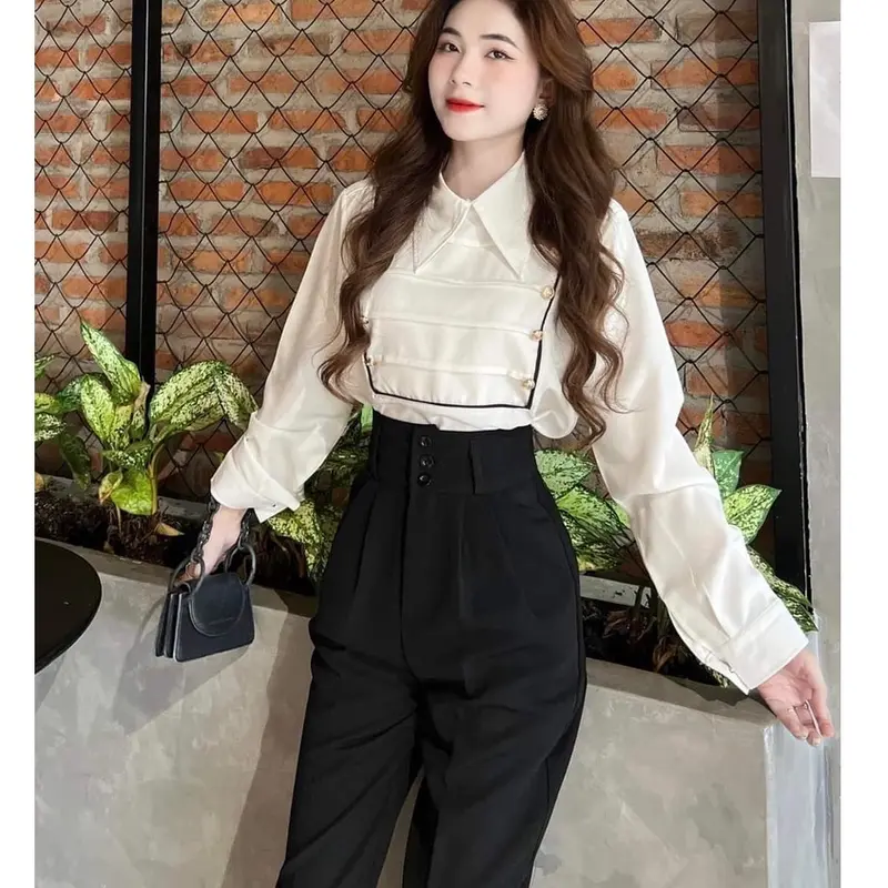Quần vải nữ cạp cao công sở đi học ống baggy đứng 3 cúc bản to dáng quần tây nữ lưng cao đi học làm công sở đáy cao dài Pants Ong Women 4