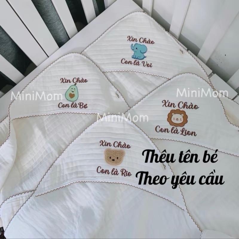 Ủ choàng khăn choàng ủ sơ sinh THÊU TÊN BÉ theo yêu cầu chất liệu xô Muslin MiniMom chăn ủ khăn ủ quấn bé sau sinh