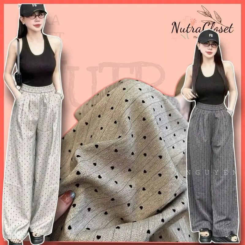 Quần dài ống rộng kaki lụa in tim nhỏ phối sọc lưng chun mát mẻ unisex nam nữ 0