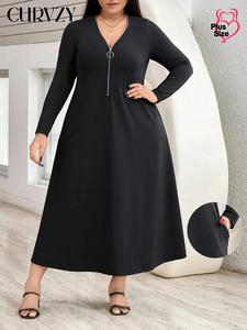 CURVZY Plus Size Solid Color Zipper Pocket V Neck A Line Dress, Casual Long Sleeve Dress for Fall, Women's Clothes for Daily Wear