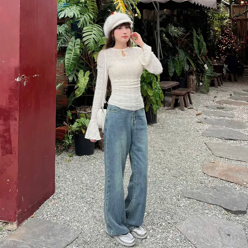 Áo len nữ RedShop tay loe đính nơ chất liệu lông thỏ mềm mịn co giãn CÓ LÓT - TOP Women 306002 Kem 4