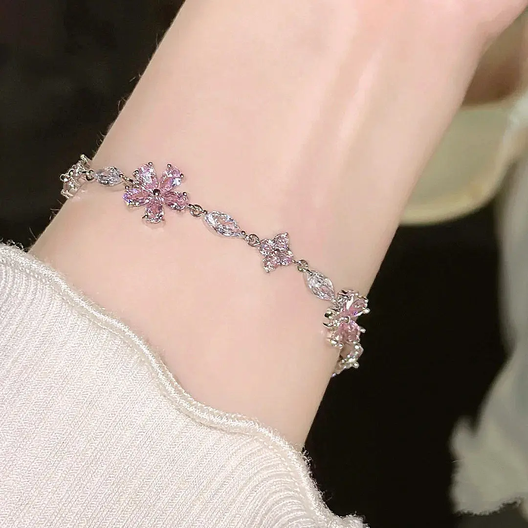 Lucent_2025 Cherry Blossom Pink Crystal Bracelet Ins Niche Design Exquisite Sweet Versatile Light Luxury High-end Feel Best Friend Jewelry