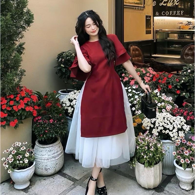  Sét Áo Dài Cách Tân Nhung Tăm Mẫu Mới 2025 Gồm Áo Dài Tay Xoè + Chân Váy Tơ Xốp Dài 