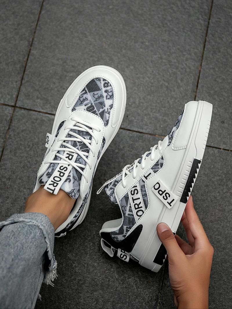 Product Introduction of Men's Fashionable Patchwork Print Lace Up Low Top Sneakers, Casual Comfortable Sports Shoes for Daily Wear, Male All-match Round Toe Shoes for Daily Wear, Closed 7