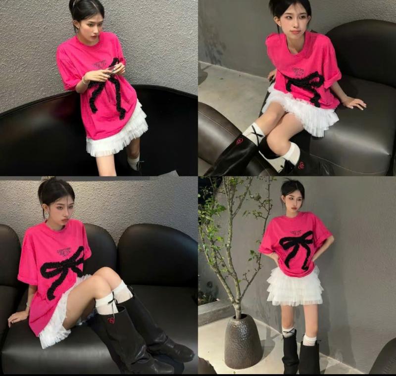 Áo cổ tròn thêu nổi nơ rúm chất cotton   form 40_65kg phong cách hàn quốc top women nữ  thun nỉ 4