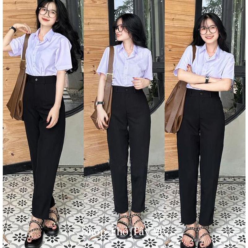 Quần tây nữ đi học lưng cao form vừa cạp có đỉa ống đứng suông dài màu Đen Xanh Đen dáng quần vải baggy học sinh nữ đi học đáy cao