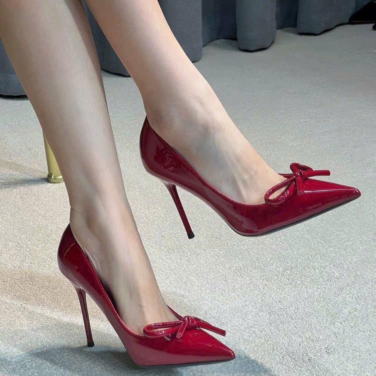   Chân to tròn tăng 1 size GIÀY CAO GÓT Chất Da Bóng Bít Gót Nơ Thắt cao 7cm-9cm dành cho Nàng đi chơi đi tiệc Shoes Nữ 