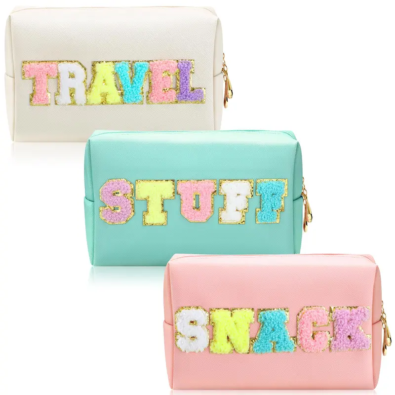 Letter Pattern Makeup Bag, 3 Counts Portable Multifunctional Zipper Makeup Organizer Pouch, Storage Bag for Skincare, Lotion, Snacks 0
