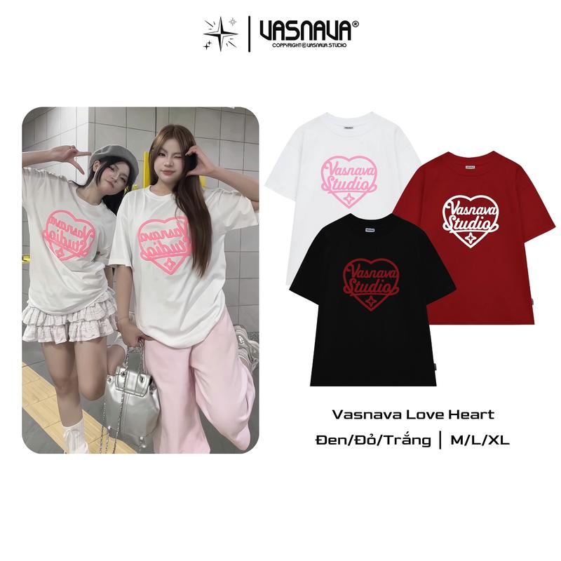    GIÁ MỞ BÁN   Áo Thun 280gsm thêu xù Vasnava Love Heart - Cotton Nam Nữ Unisex Tay Lỡ Oversize Cổ Tròn Top Women - Menswear 