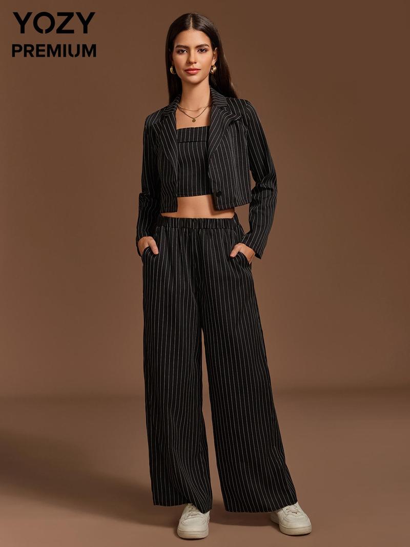 Product Introduction of YOZY Women's Striped Print Button Front Blazer & Cami Top & Elastic Waist Pants Set, Long Sleeve Lapel Neckline Outerwear & Sleeveless Top & Wide Leg Trousers, Casual Women's Three-piece Outfits for All Seasons, Valentine's Day Outfit 12