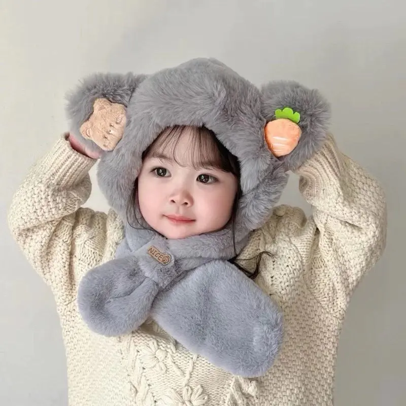 ￼Mũ kèm khăn cho bé 2-6tuổi tai củ quả - động vật dễ thương giữ ấm mùa đông Kem Voi Nón Hat đi du lịch đồ họa 1