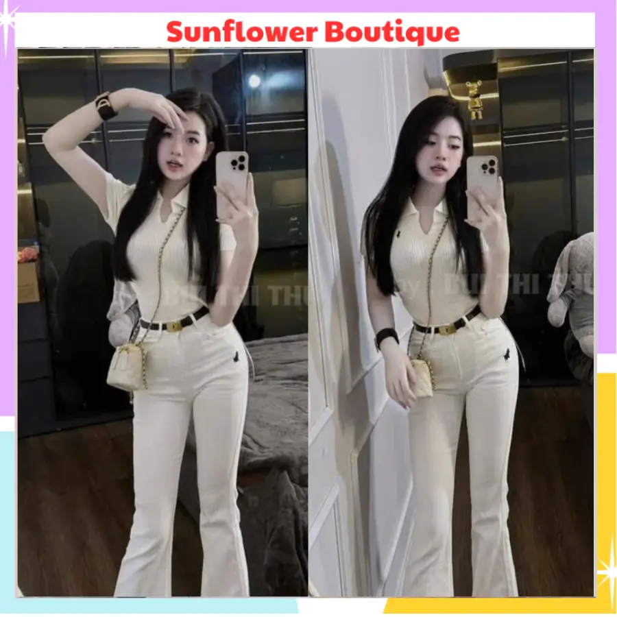 Quần jeans trắng ống loe dáng dài thêu ngựa