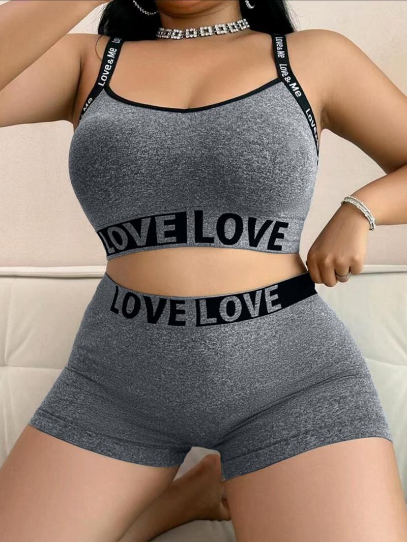 Product Introduction of 【Plus Size】 Letter Print Wireless Bra & boxer short Set, Casual Comfy Breathable Lingerie Set for Daily Wear, Women's Underwear Set for All Seasons 9