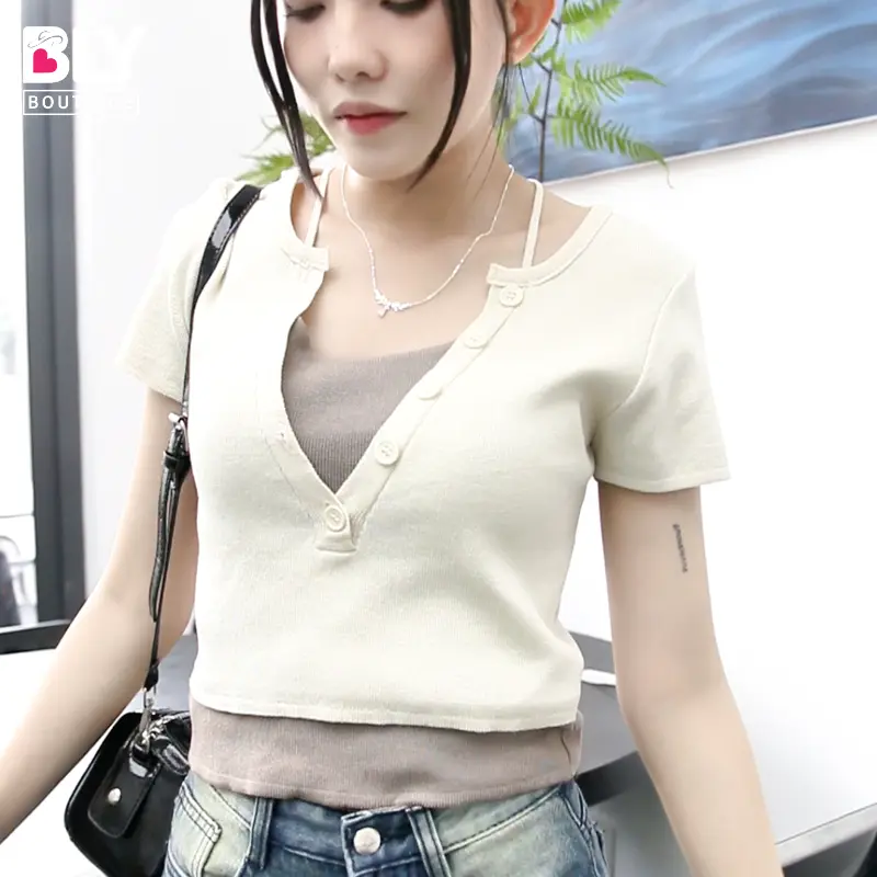Áo Dệt Kim Ngắn Tay Retroge Vintage Cho Nữ - Giả Hai Lớp cardigan che bắp tay Top Women Kem