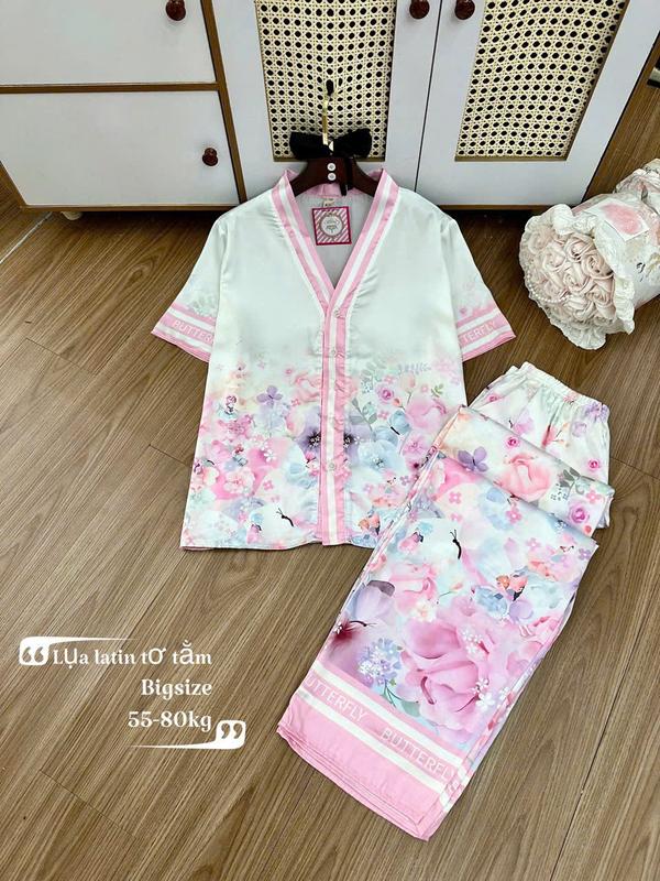 Size 60-75KG- Bigsize Bộ Lụa Latin Tơ Tằm Cổ Tim Tay Ngắn Quần Dài In 5D TNQD Mềm Mát Mặc Nhà Cao Cấp Women Nữ 3
