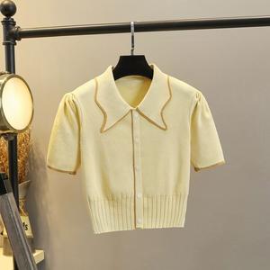 Waist-Cinching Sweet Doll Collar Ice Silk Knitted Polo Shirt Short Sleeve T-Shirt for Women Summer Puff Sleeve Short Top