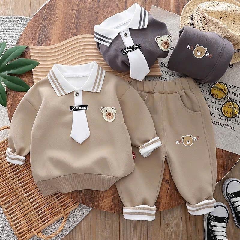 Nam Kids BD02-Bộ quần áo CÀ VẠT GẤU dài tay thu đông bo cổ bẻ chất liệu nỉ 2 da cao cấp cho bé 8-25kg Polo Sandal