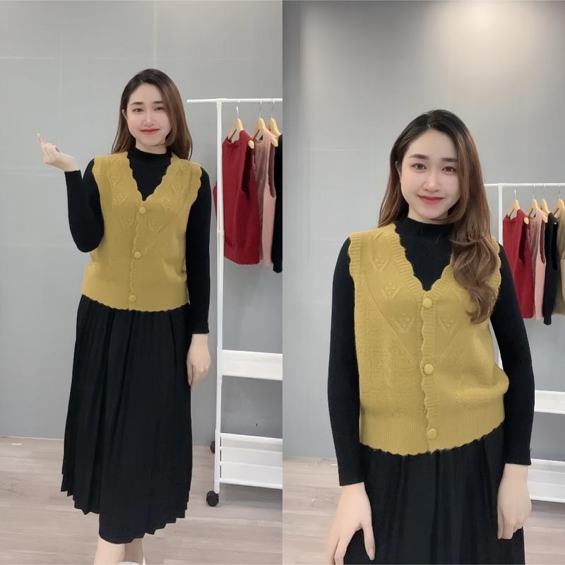 ÁO GILE LEN TIỂU THƯ KIỂU DÁNG VINTAGE ÁO GILE LEN NỮ CÚC KHUY BỌC HÀNG ĐẸP