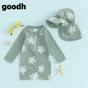 Baju Renang Anak Laki-laki Balita Rash Guard Rompers Lengan Panjang Motif Kura-kura/Dinosaurus dengan Topi Renang Bayi baju  renang hangat