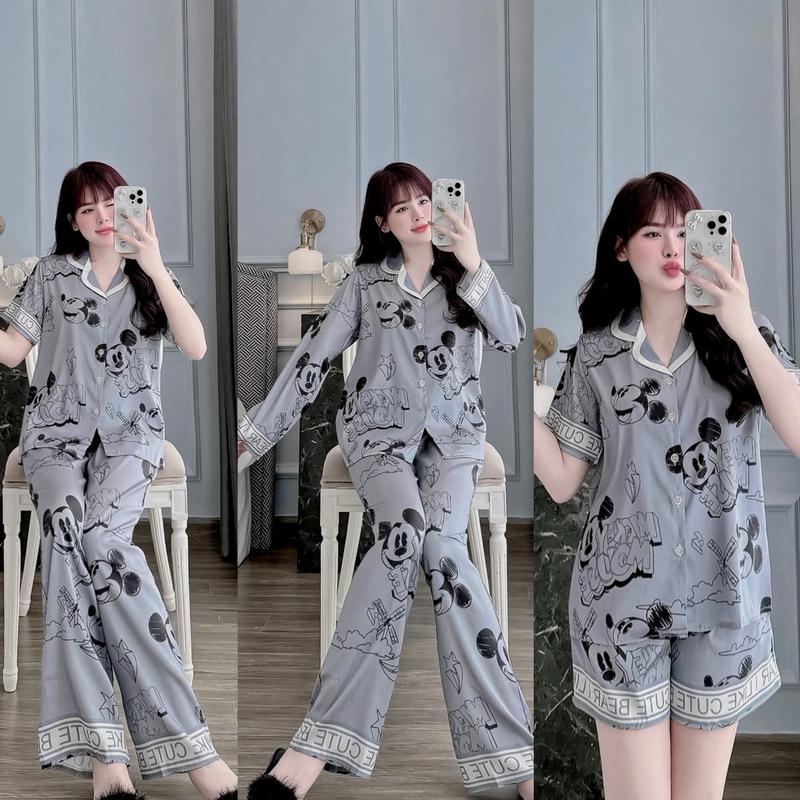 Bộ Pijama Lụa Xước Ánh Kim Hình Chuột MiKy Mềm Mướt Mịn Màu Xám Ghi Sang Đẹp Dễ Mặc Đủ Ba Dáng Tay Dài Tay Ngắn Quần Đùi Quần Ngủ Áo Ngủ Cho Nữ Wonmen 0