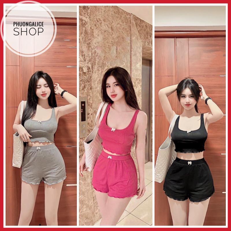 Đồ ngủ nữ bộ ngủ áo quần hai dây bản to chất thun gân
