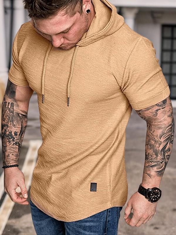 Men's Solid Drawstring Hooded Tee, Casual Regular Fit Short Sleeve T-Shirt for Summer, Menswear for Daily Wear 2