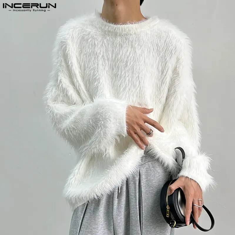 INCERUN Mens Long Sleeve Stylish Plain Pullover Top Sense Of Luxury Loose Wool Fabric Sweaters (Korean Style)