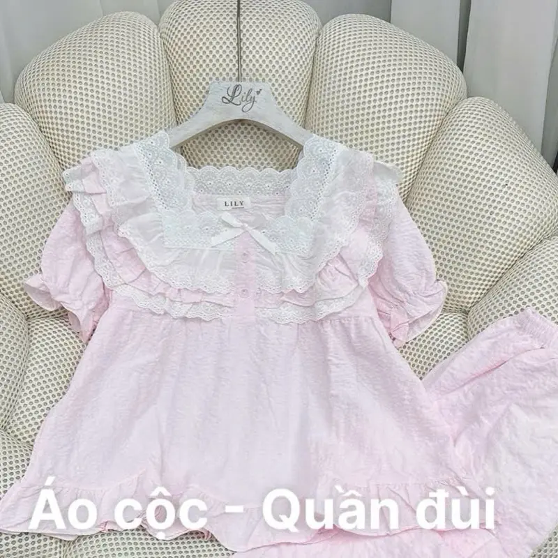 (Màu Pastel) Bộ Ngủ Nữ, Bộ Pijama Mặc Nhà Nữ Chất Đũi Gạo Nhiều Màu Mịn Mềm, Thấm Hút Tốt, Áo Ngủ Phối Ren Tiểu Thư Quần Ngủ Freesize Women Nhung Voi Kem Tim Nho đũi  xốp 2