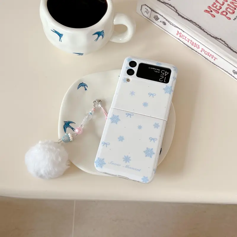Snowflake Pattern Phone Case with Fluffy Ball Chain, 1 Count Fashion Phone Protective Cover, Phone Accessories Compatible with Samsung Galaxy Z Flip 6 5 4 3 2