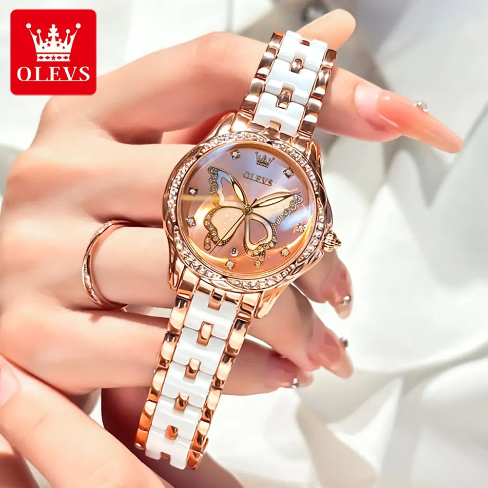 Đồng Hồ OLEVS, Dành Cho Nữ, Không Thấm Nước, Thương Hiệu Chính Hãng, Thời Trang, Thanh Lịch, Dây Đeo Gốm, Lịch, Đồng Hồ Thạch Anh Dạ Quang, 2024 Women Watch