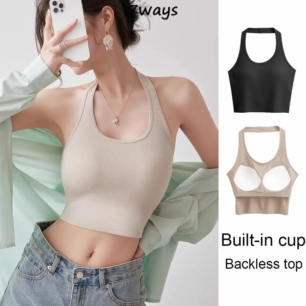 Vintage Halter Tank Top with Chest Pad Threaded U-neck Backless Crop Top Womenswear Lingerie