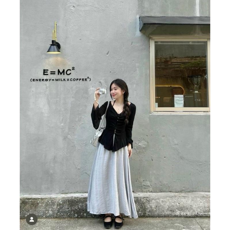 SET ÁO ĐEN CV XÁM - áo tăm phối cúc tay loe buộc yếm/ chân váy cạp chun, dáng maxi dài váy 95cm có túi BIGSIZE Nữ