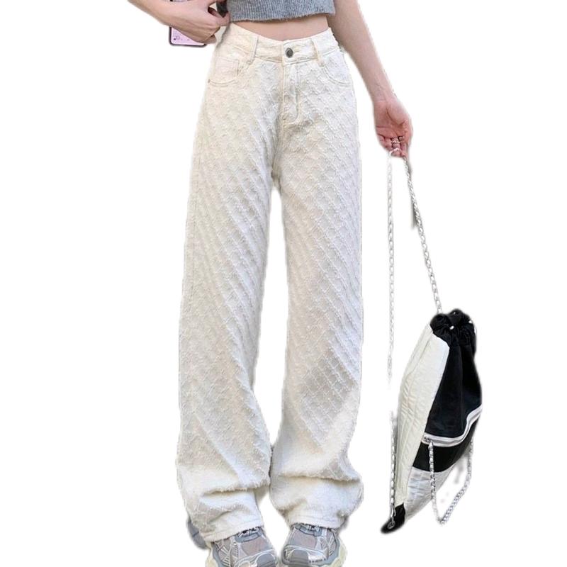 Quần jean ống rộng cạp cao 1 khuy màu trắng họa tiết trần trám hàng quảng châu chuẩn form Nữ Women Ong