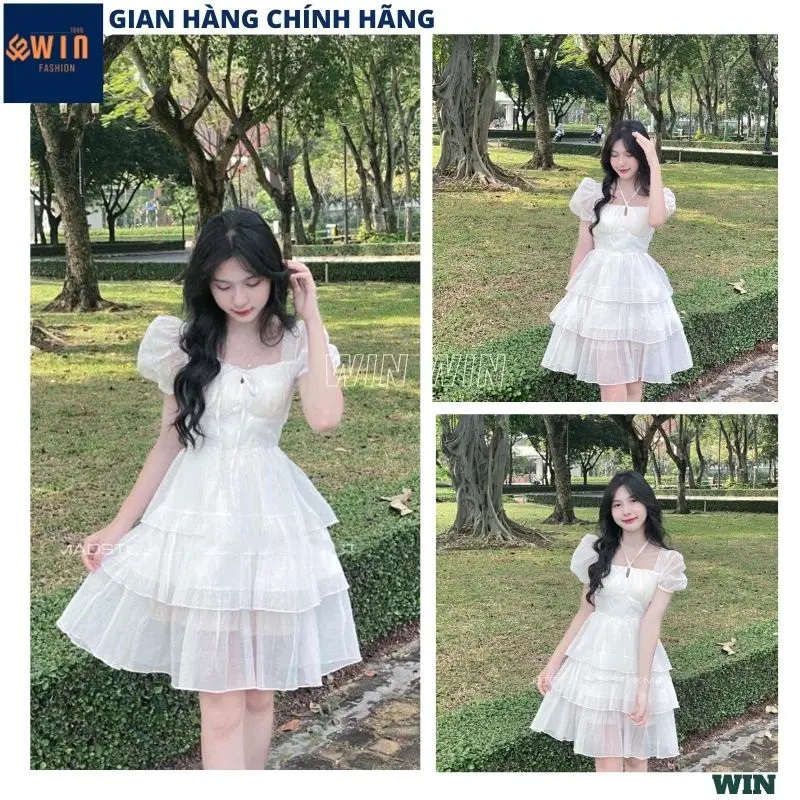Váy công chúa cổ yếm 3 tầng bánh bèo bồng bềnh, Đầm voan trắng 2 lớp tiểu thư điệu đà đi chơi đi tiệc cực xinh - WIN Nữ Women Dress