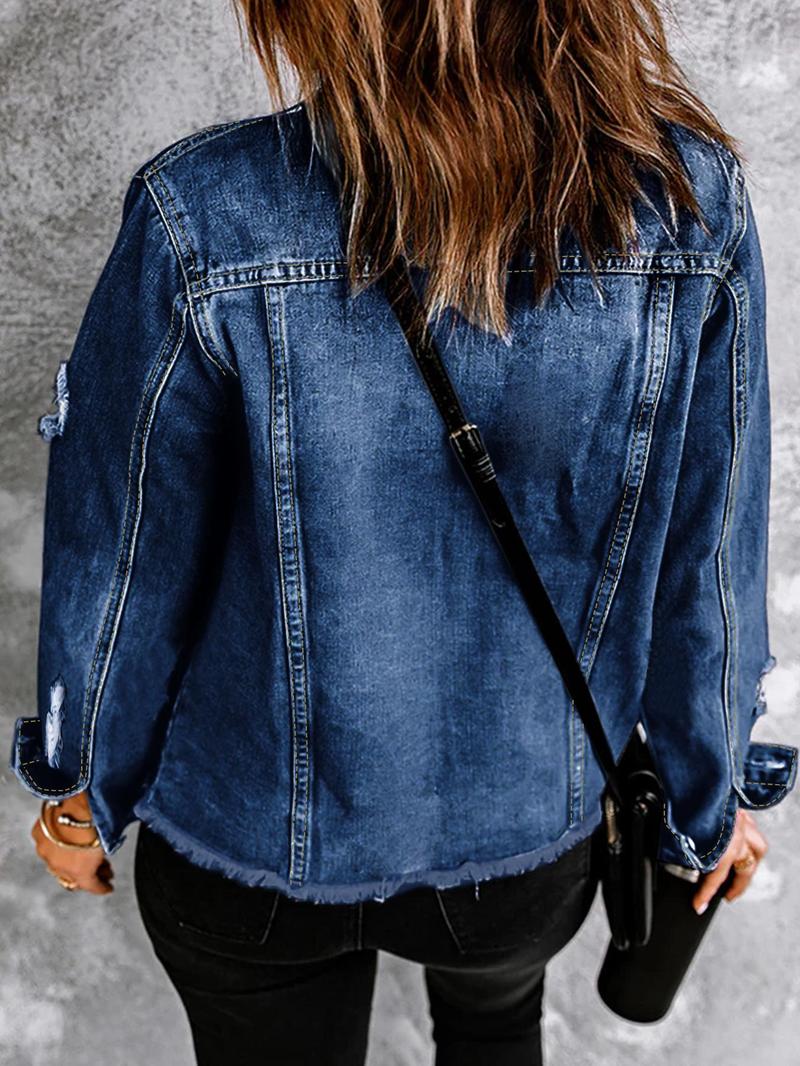 Product Introduction of Women's Plain Ripped Button Front Denim Jacket, Casual Long Sleeve Collared Raw Hem Jacket for Daily Wear, Ladies Clothes for All Seasons 6