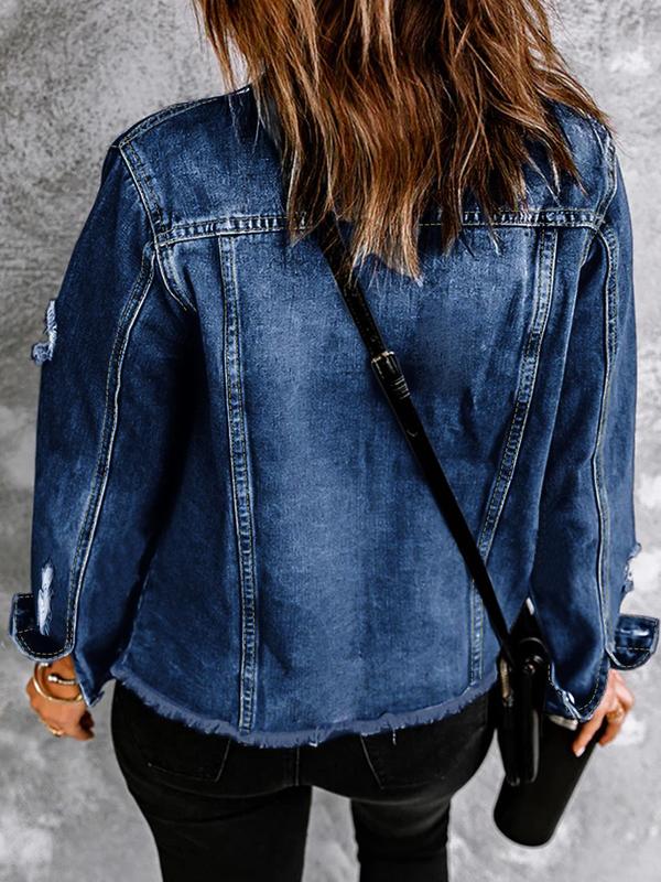 Women's Plain Ripped Button Front Denim Jacket, Casual Long Sleeve Collared Raw Hem Jacket for Daily Wear, Ladies Clothes for All Seasons 5