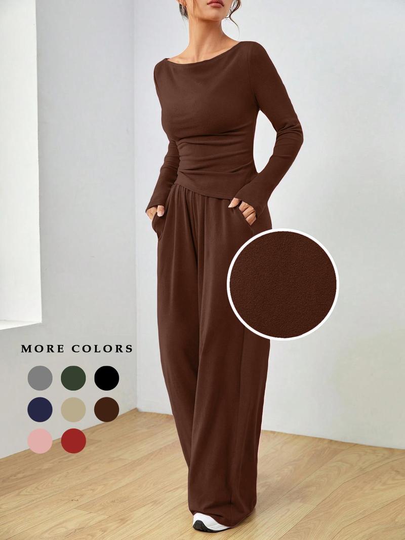 Product Introduction of Women's Solid Ruched Asymmetrical Hem Tee & Pants Set, Casual Boat Neck Long Sleeve Top & Trousers, Women's Spring & Fall Clothes 2