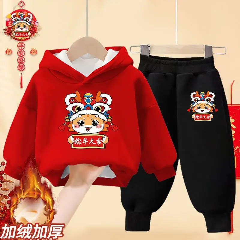 Bộ Đồ Lót Lông Cừu Bé Trai, Bộ Sưu Tập Thu Đông, Áo Len Năm Con Rắn Cho Trẻ Em, Bộ Hai Mảnh, Áo Có Mũ Trùm Đầu Màu Đỏ Cho Bé Gái, Năm Con Rắn, Năm Mới, 2025 5
