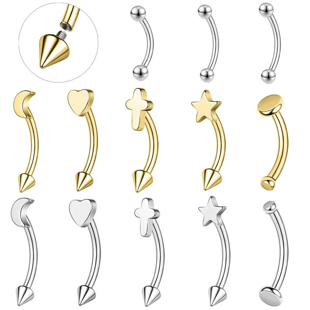 1 Pc 16G/18G Stainless Steel Eyebrow Ring Internal Thread Labret Lip Piercing Horizontal Eyebrow Star Eyebrow Piercing Moon Stud Earrings Body Jewelry
